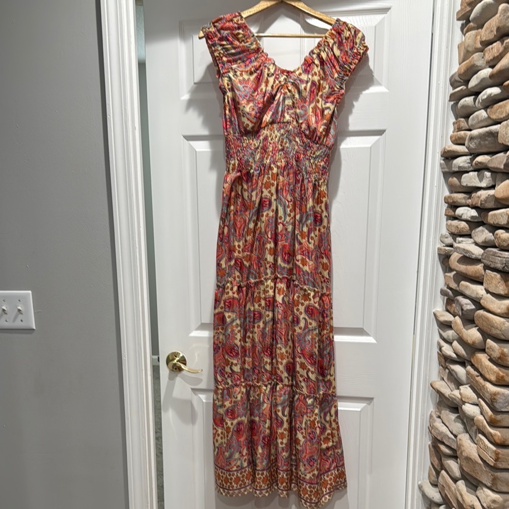 Magic Sundress Brown and Orange Maxi with Flutter Cap Sleeves